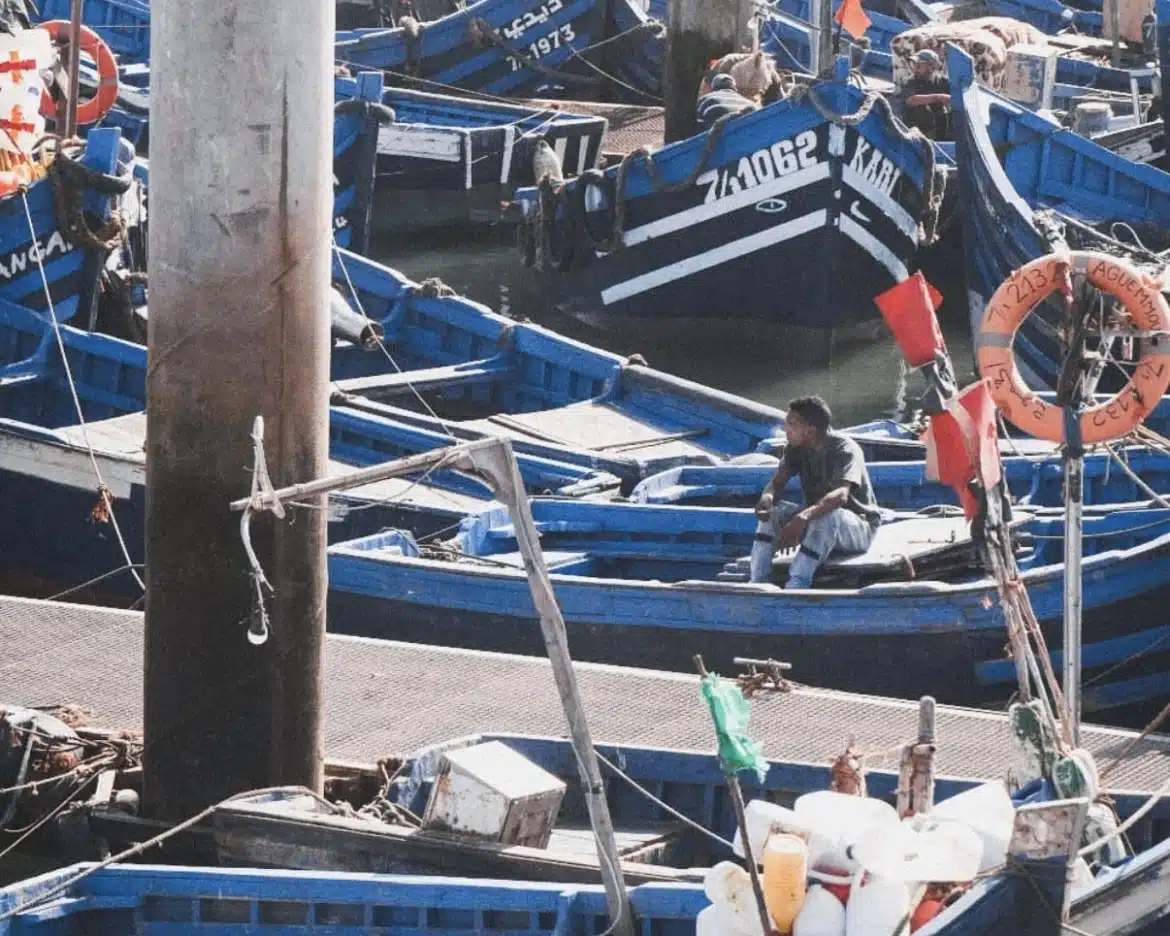 Blue fishing boats in the historic port of Essaouira